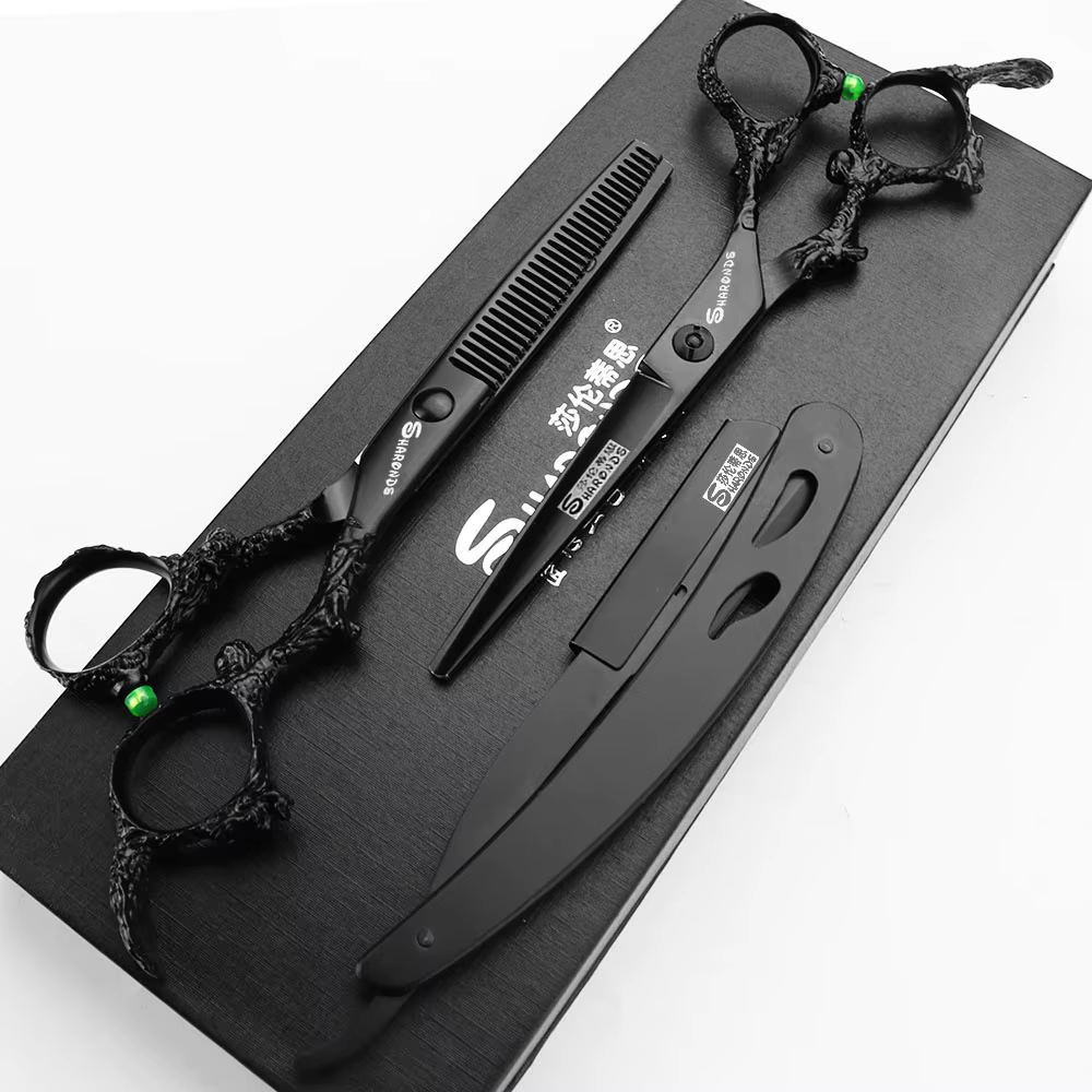 Sharonds-Ciseaux de Coupe Professionnels en Acier 440c, 6/7/8 Argent, Manche Dragon Noir, pour Salon