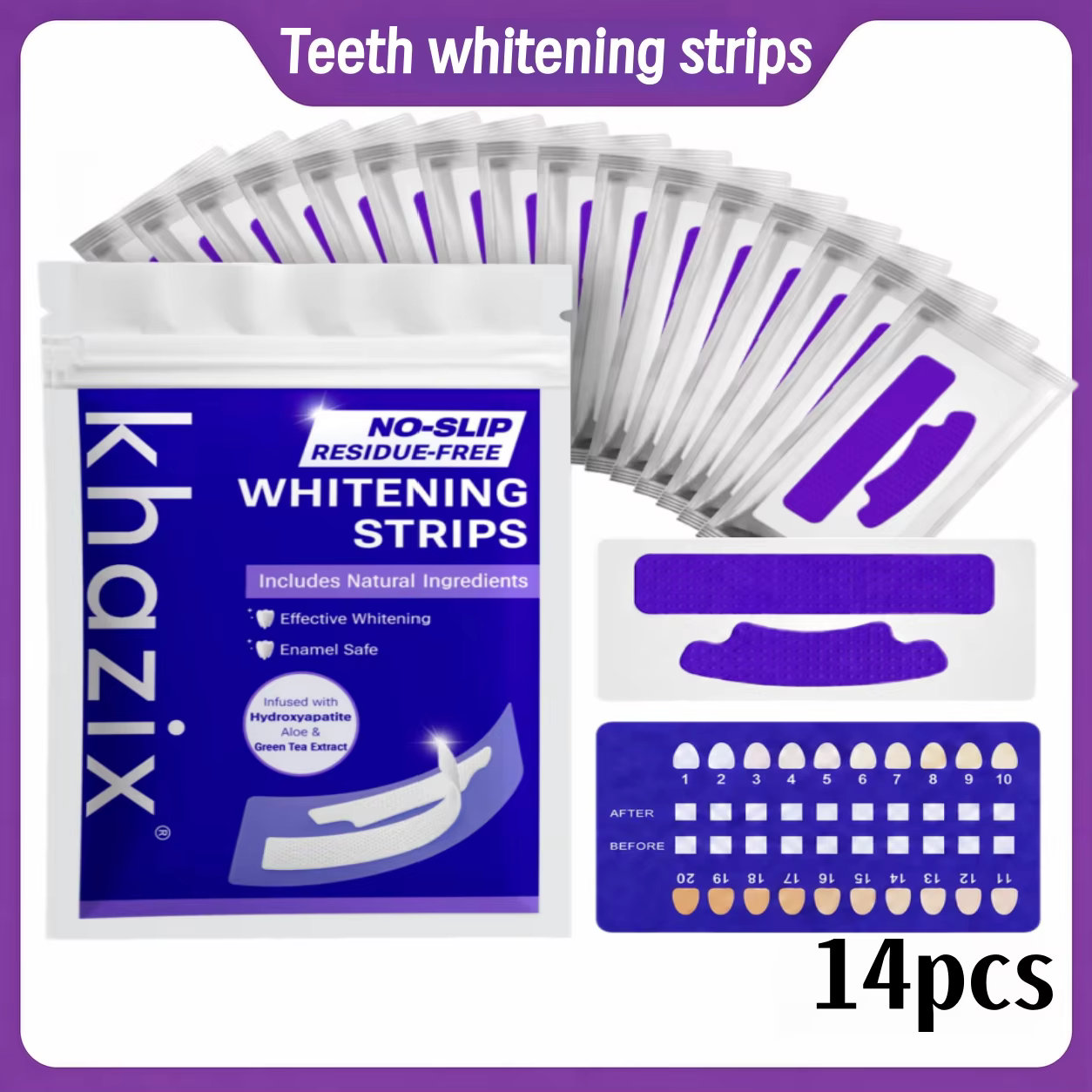 Bandes blanchissantes pour les dents / 14 pièces / Sans danger pour l'émail / Sans peroxyde / Kit de