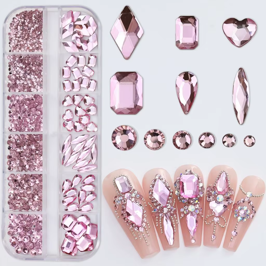 12 grilles rose mixte ongles strass luxe ongles breloques paillettes cristal bijoux gemmes Nail Art