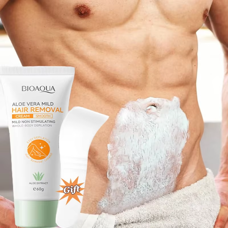 Crème dépilatoire douce à l'aloe vera Bioaoua, 60G/Tube, Épilation rapide, Sans danger pour la peau