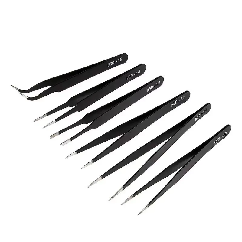Jeu de pincettes longues de précision ESD, 6 pièces, pincettes anti-leges en acier inoxydable, outil