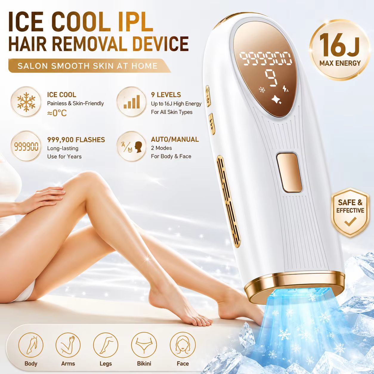 Épilation IPL avec fonction de refroidissement par glace pour femmes, résultats durables, 999 999 fl