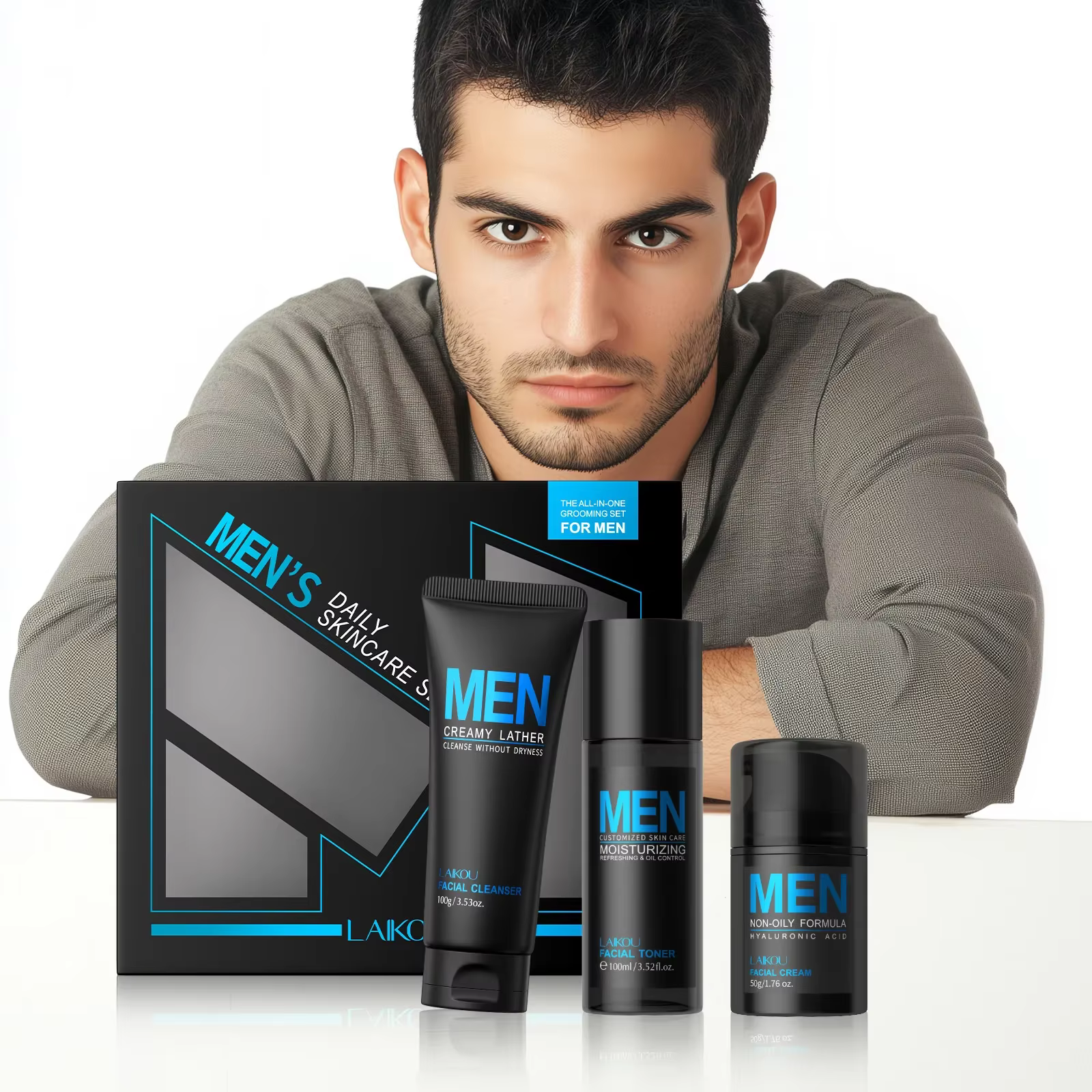 Ensemble de toilettage 3 en 1 pour hommes, crème Toner nettoyante, hydratante, rafraîchissante, cont