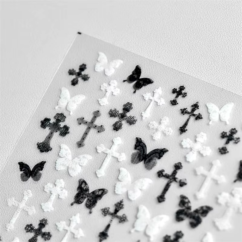 Femme Sexy noir blanc dentelle papillon croix 5D doux en relief Relief auto-adhésif Nail Art décorat