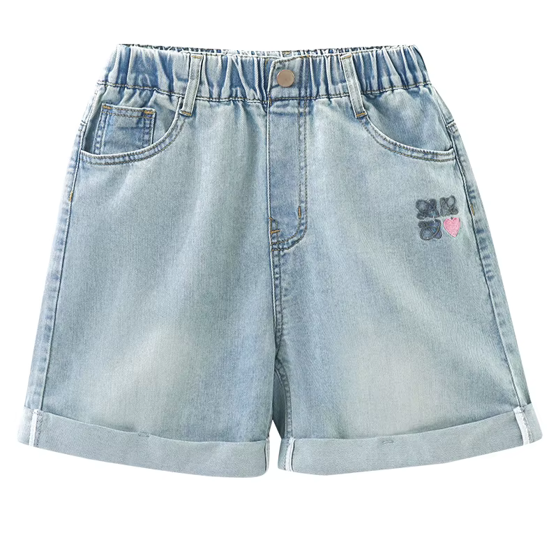 Short en jean délavé pour adolescentes, avec broderie de cœur, demi-mini jean pour enfants de 5 à 14