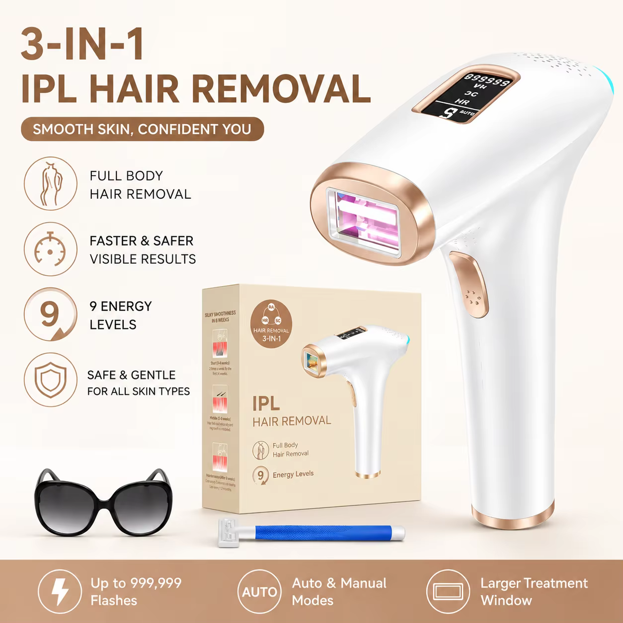 Appareil d'épilation IPL Laser, 999 900 flashs IPL, 9 niveaux et 2 modes, épilateur à lumière pulsée