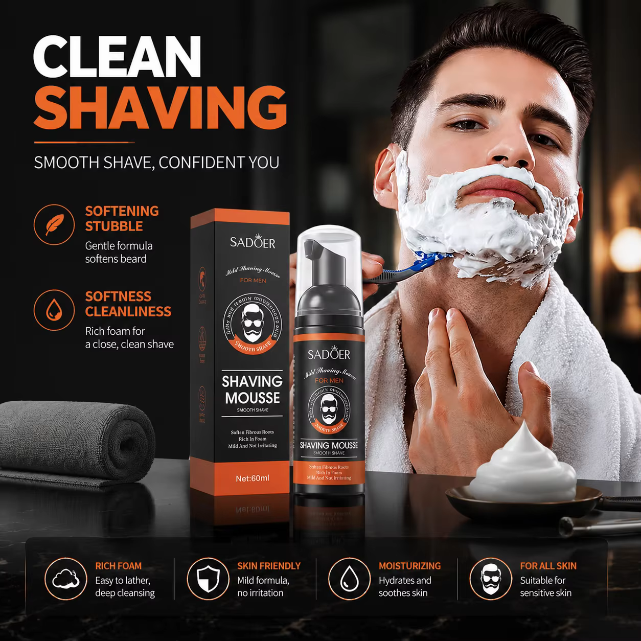 Mousse à raser pour homme, gel efficace pour une barbe douce, crème à raser douce, hydratante et raf