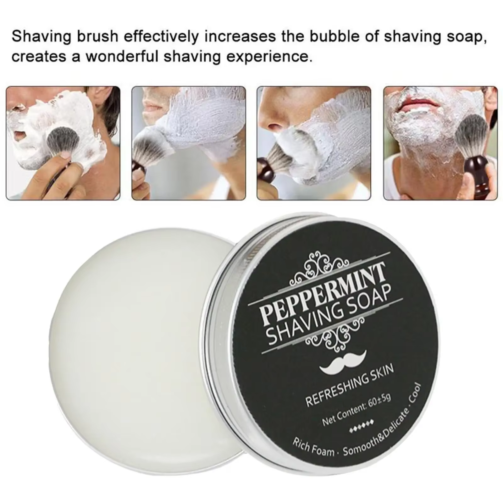 Savon à raser artisanal parfum menthe en boîte aluminium, mousse riche, crème à raser bio pour barbe