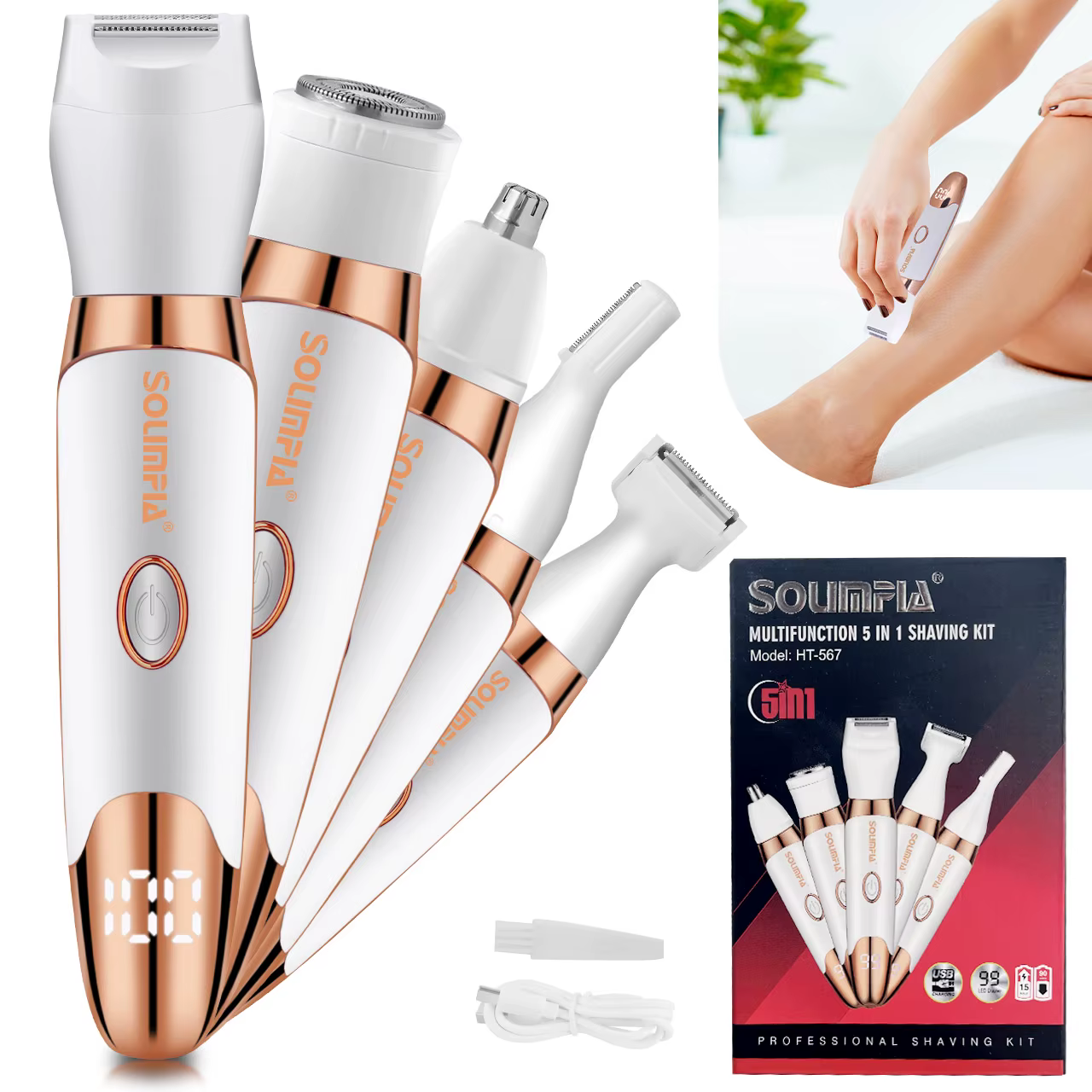 Solimpia 5 en 1 dispositif d'épilation électrique Rechargeable corps nez tondeuse sourcils Kit de to