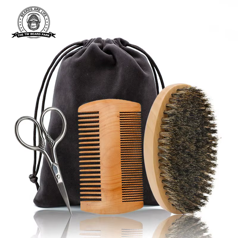 Ensemble de brosses à barbe et peigne à cheveux pour hommes, poils de sanglier doux, peigne à dents