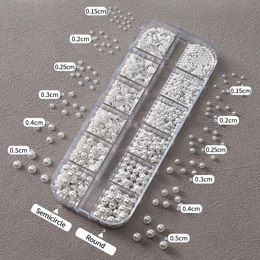 12 grilles mixtes de perles blanches pour ongles, breloques rondes ou demi-cercles 3D, strass pour N
