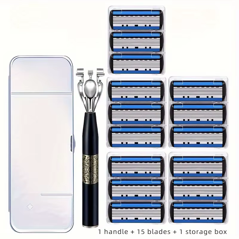 Kit de rasage professionnel 17 pièces pour hommes, rasoir de sécurité manuel, 1 manche, 15 lames, bo