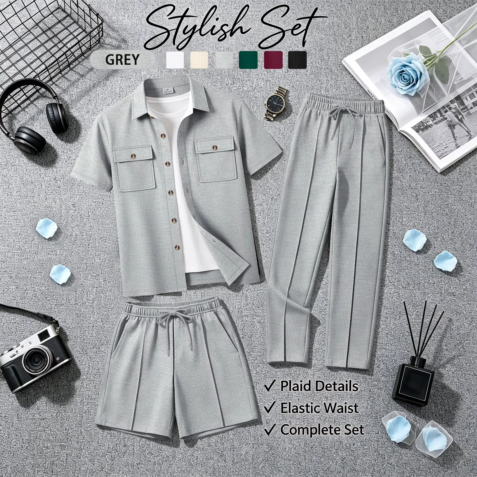 Ensemble 3 pièces polyvalent pour homme en tissu gaufré, chemise boutonnée respirante avec short et
