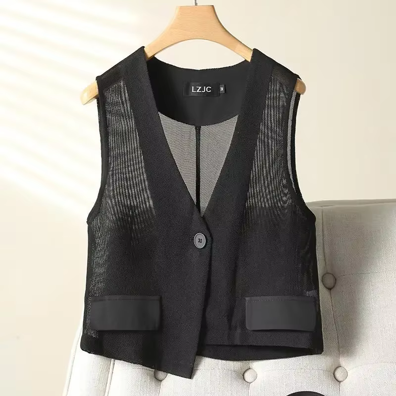 2025 femmes vêtements été mince gilet col en v sans manches gaze réservoirs culture hauts voir à tra