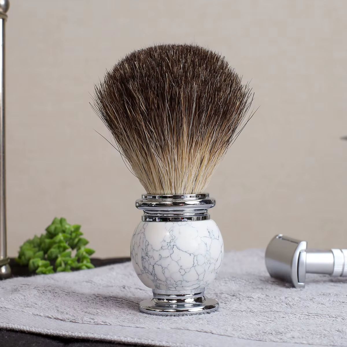 IRAZOR – brosse de rasage pour hommes, avec manche en pierre naturelle, pour barbe lisse et poils du