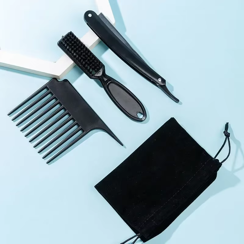 Outil de soin de barbe trois pièces, grattoir, brosse à cheveux, sac de rangement en peluche, outil 