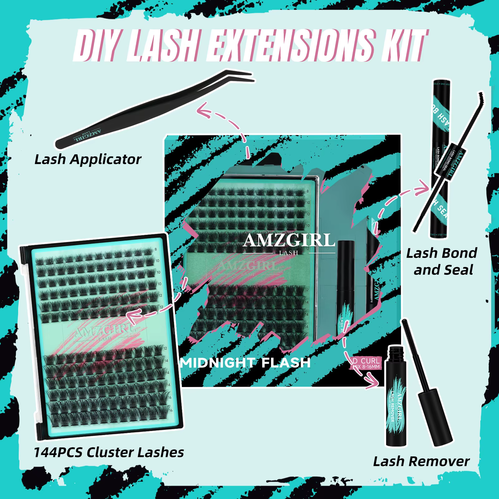 Amzgirl-Kit d'Extensions de Cils avec Pince à Épiler et Dissolvant, DIY, 144 Pièces