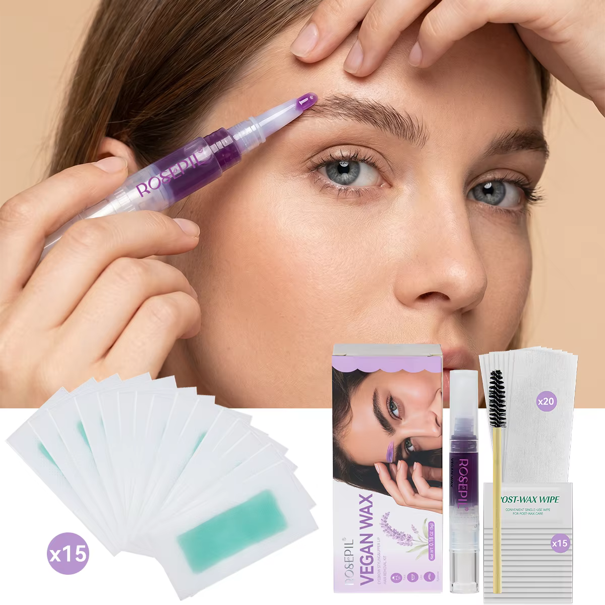 Kit de 52 pièces pour l'épilation à la cire, formule douce à la lavande et à l'aloès pour le visage,