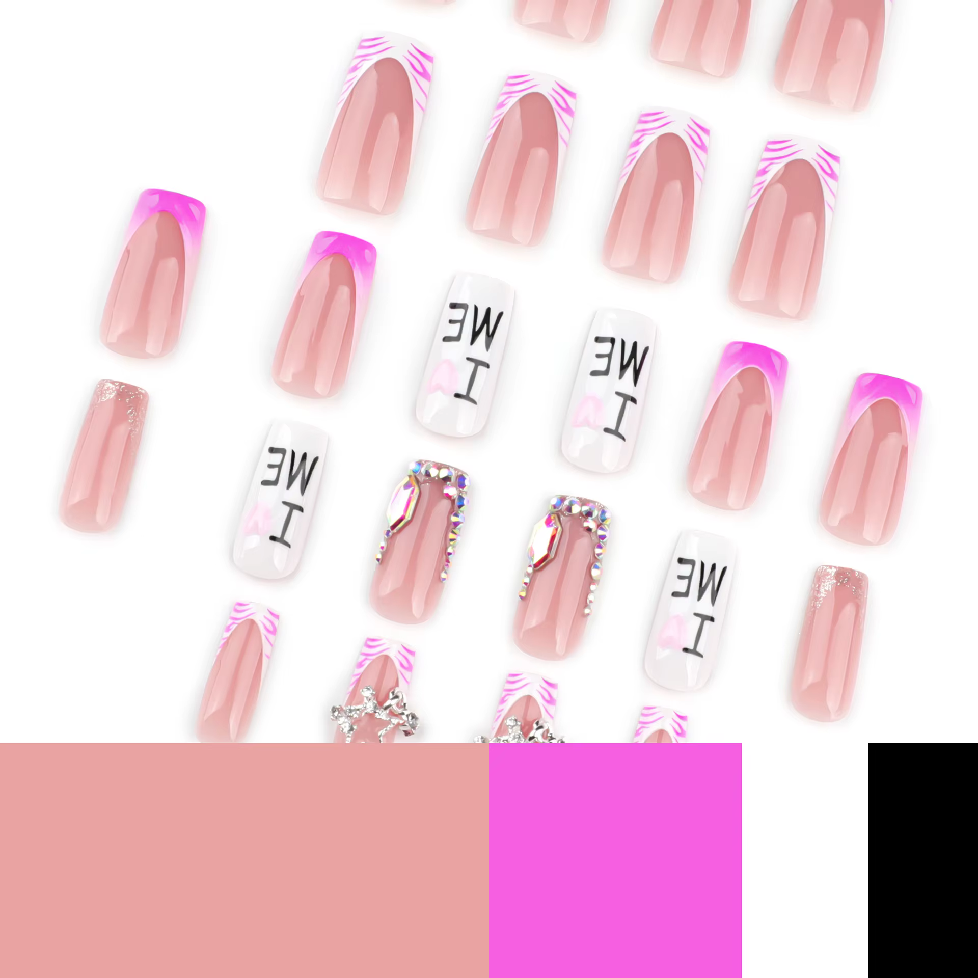 JoDecor-Faux ongles à imprimé zèbre rose, diamant flash, style français, presse sur N64.Star, Y2k, j