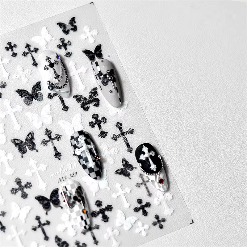 Femme Sexy noir blanc dentelle papillon croix 5D doux en relief Relief auto-adhésif Nail Art décorat