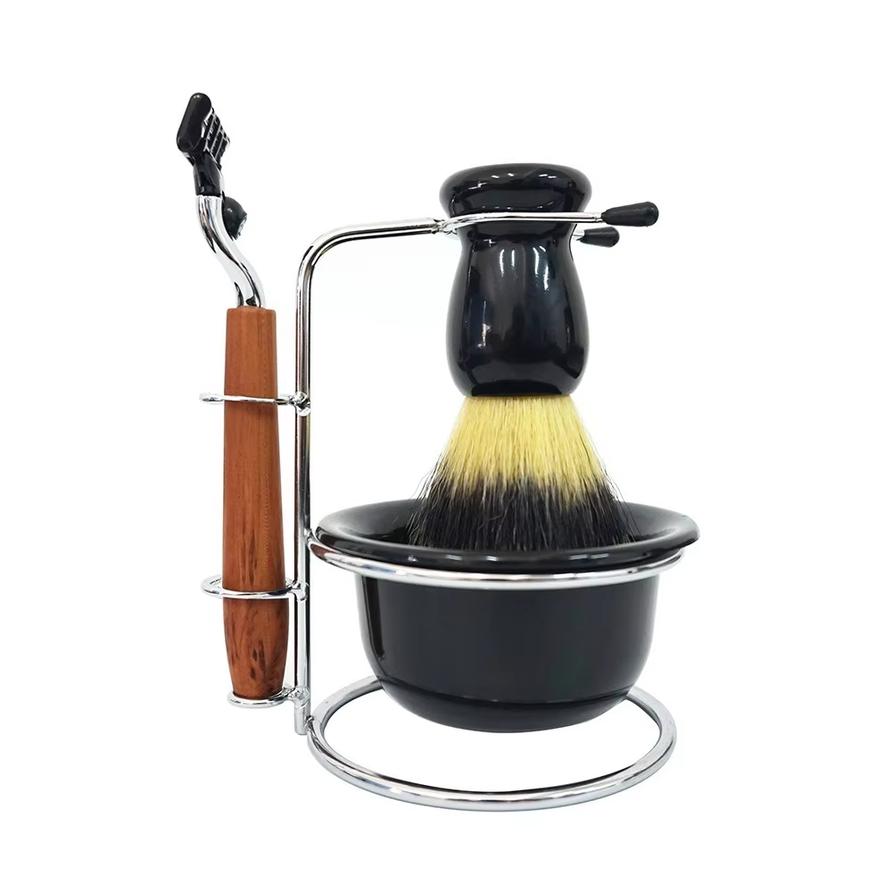 Ensemble de rasage avec manche en bois pour homme, blaireau, support en acrylique transparent, bol e