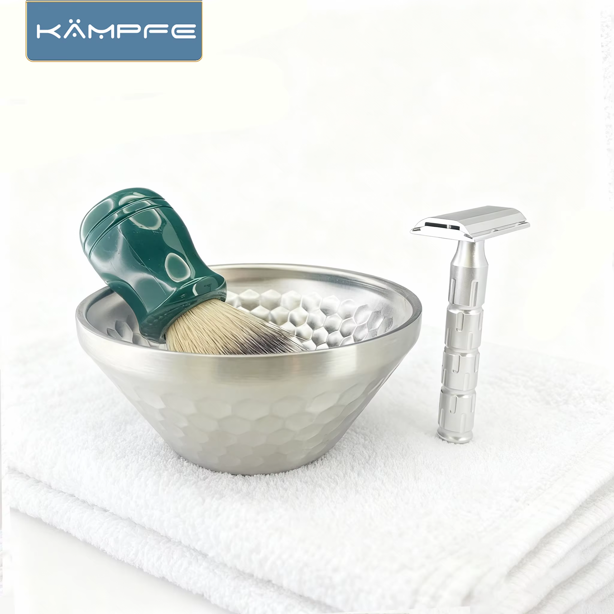 Bol à raser KAMPFE en acier inoxydable pour hommes, doré/argenté, pour le nettoyage du visage, pour