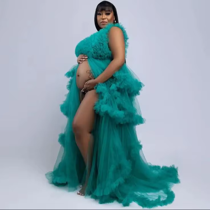 Robes de grossesse bleu paon uniques, à volants, en Tulle doux, pour femme enceinte, ouvert sur le d