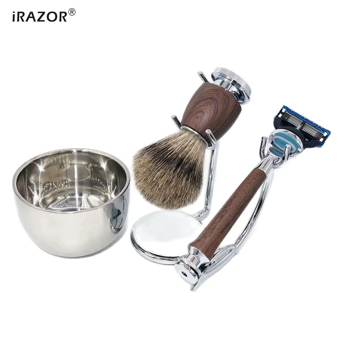 IRAZOR-Kit de rasage professionnel KT5 avec brosse blaireau naturelle, rasoir RosFrederick Mars étan