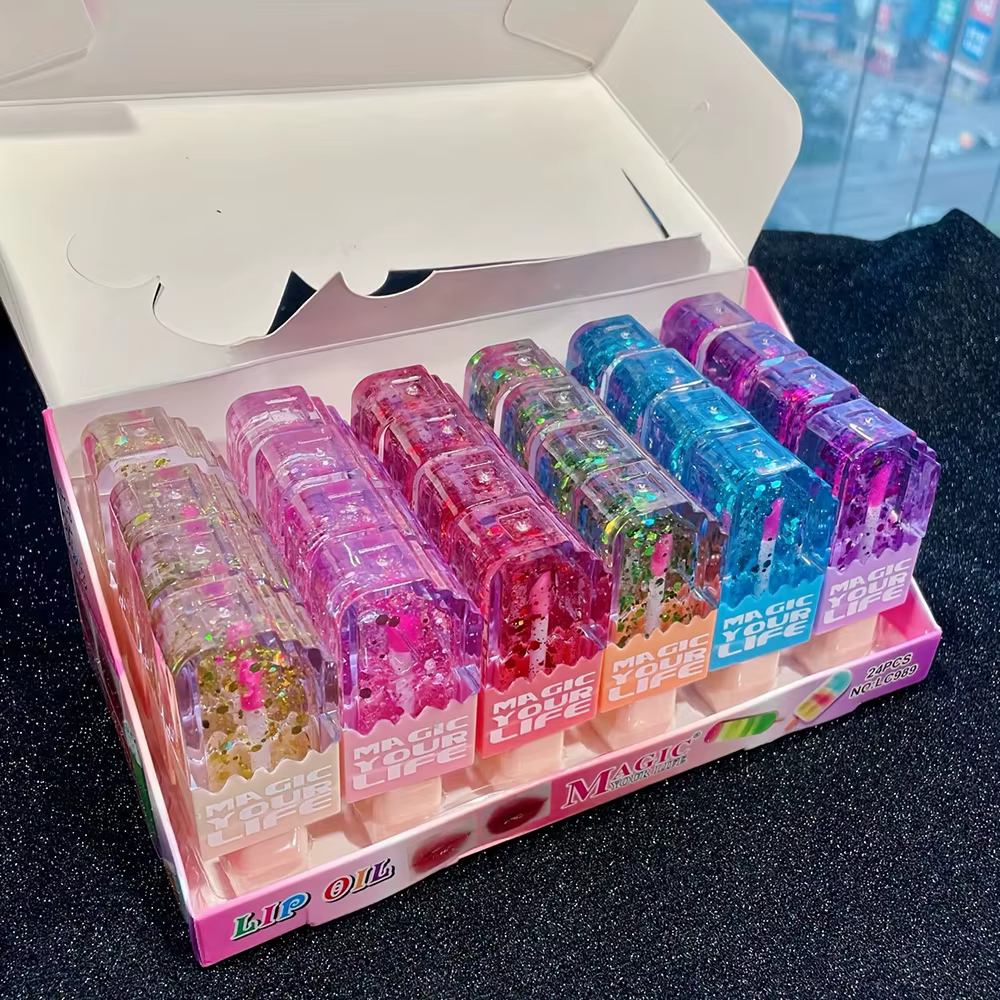 24 pièces mignon chat paillettes huile pour les lèvres forme d'amour coloré brillant à lèvres filles