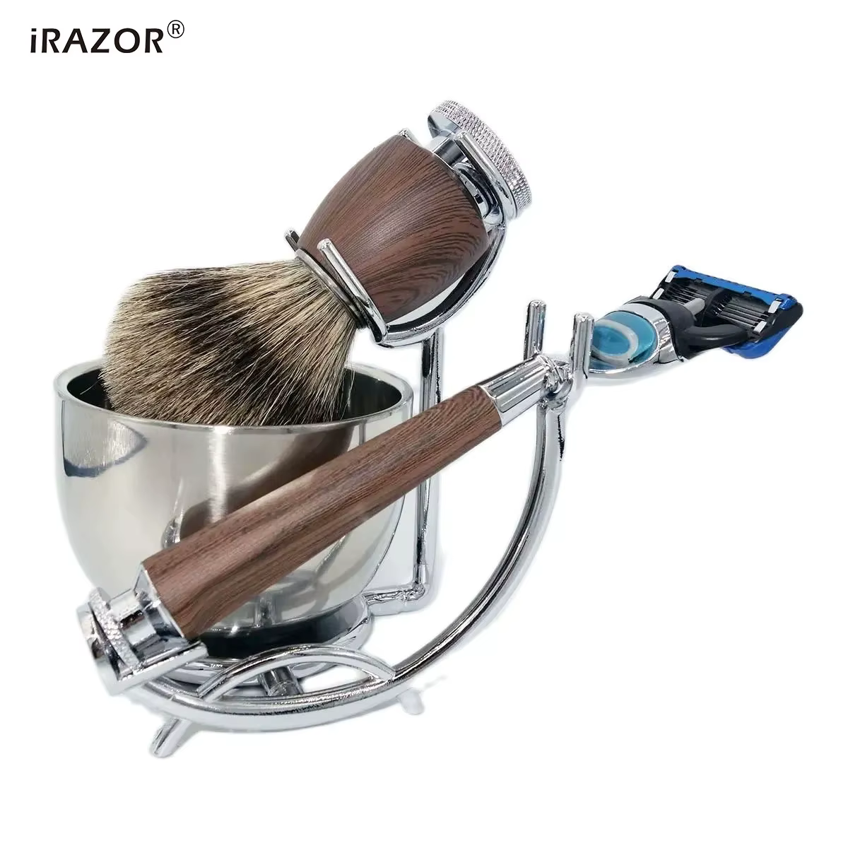 IRAZOR-Kit de rasage professionnel KT5 avec brosse blaireau naturelle, rasoir RosFrederick Mars étan