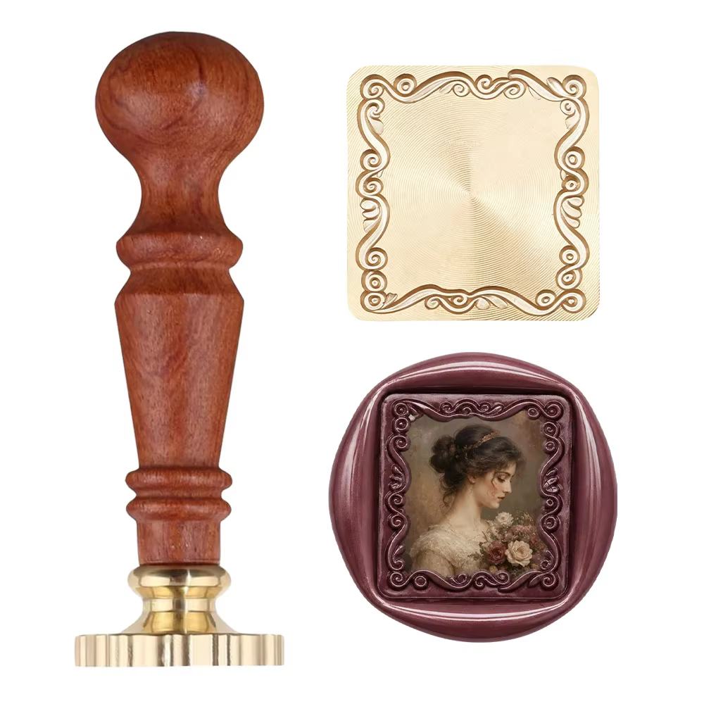 Kit de sceau de cire vintage avec cadre en laiton 3D en relief et manche en bois pour invitations DI
