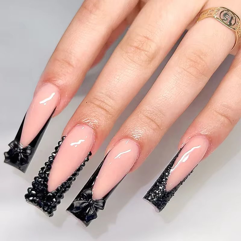 24 pièces noir français presse sur faux ongles diamants arc conception faux ongles élégant paillette