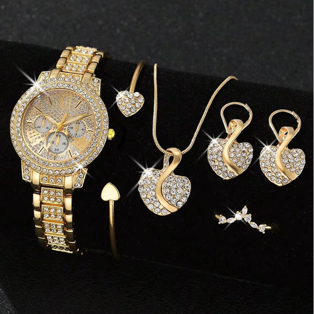Montre à Quartz pour femmes or luxe femmes bague collier boucle d'oreille strass mode montre-bracele