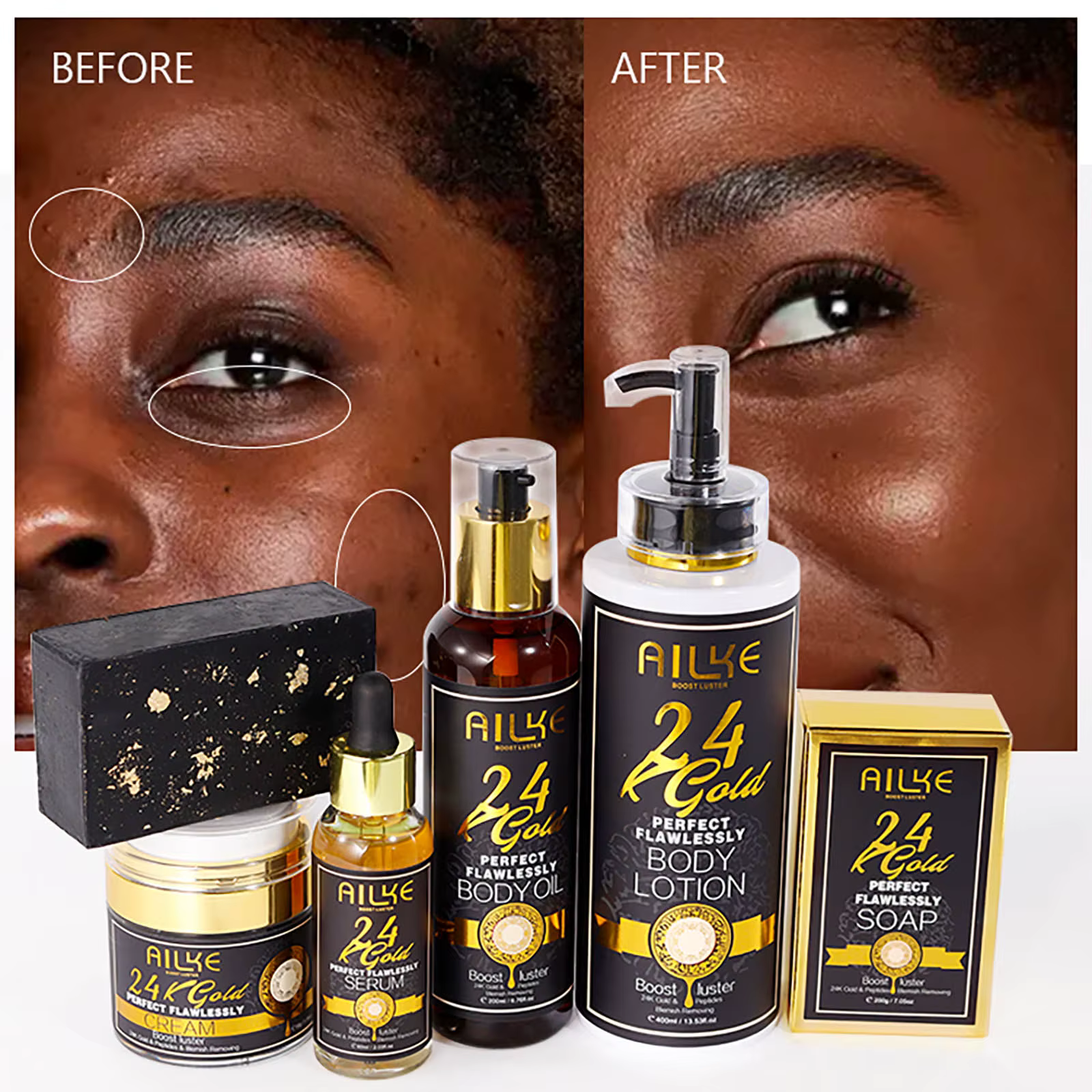 AILKE 24K Glod Gamme de soins pour la peau impeccable, blanchissant la peau, réduit les taches foncé