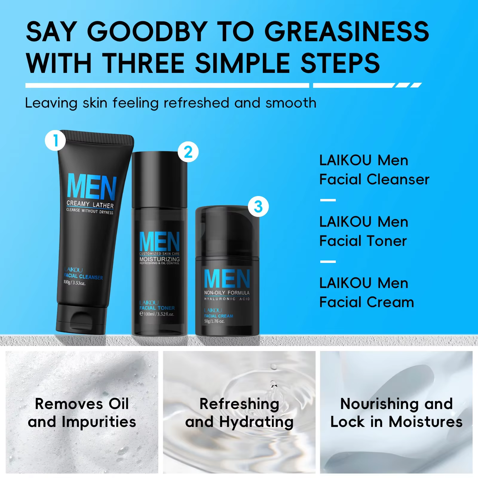 Ensemble de toilettage 3 en 1 pour hommes, crème Toner nettoyante, hydratante, rafraîchissante, cont