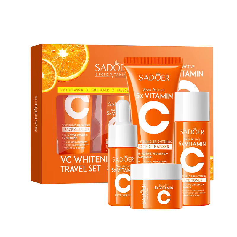 Coffret de Voyage Éclaircissant 5X Vitamine C, Hydratant, Nettoyant, Atténue Teint Terne et Sécheres