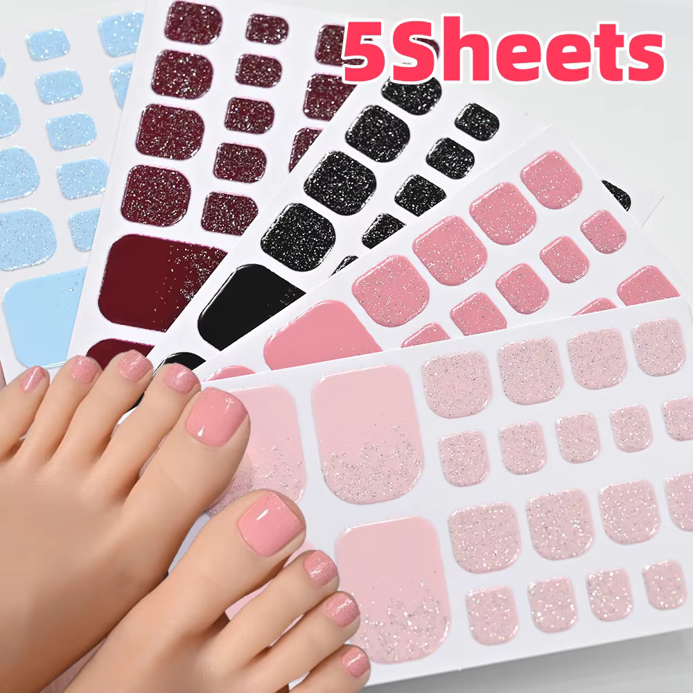 5 feuilles/110 pointes été paillettes orteil ongles autocollants couverture complète ongles envelopp