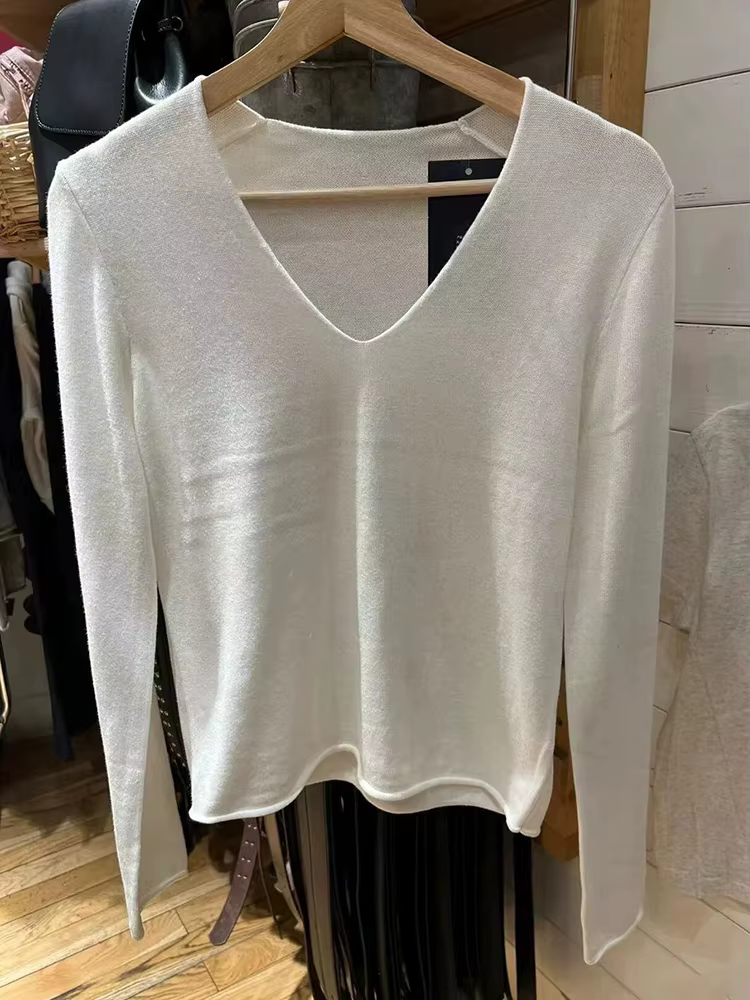 T-shirt en coton uni à col en V pour femme, manches longues, streetwear vintage, t-shirts mignons, t
