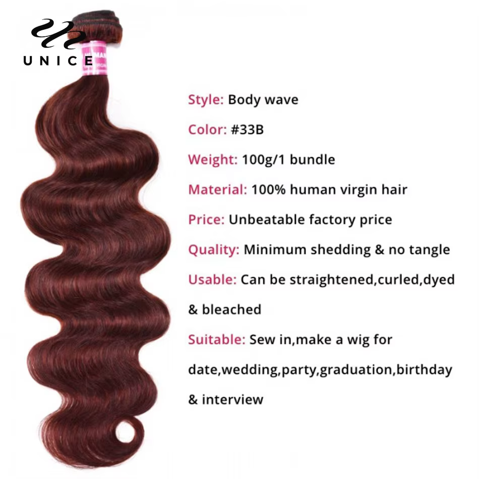 Mèches naturelles Body Wave-UNice Hair, cheveux humains, brun plonger âtre 33B, 3/4 cheveux humains,