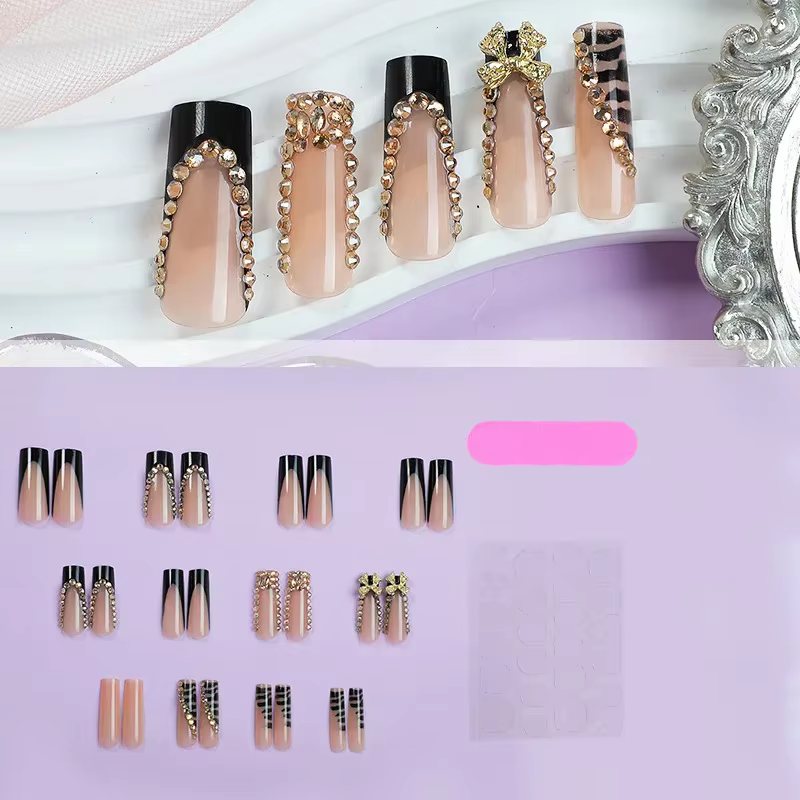 24 pièces noir français presse sur faux ongles diamants arc conception faux ongles élégant paillette