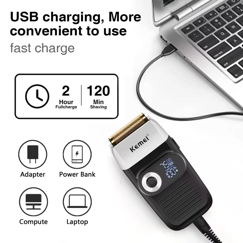 Kemei KM-2026 KM-2027 2 en 1 rasoir électrique Rechargeable LCD rasoir alternatif pour hommes USB ch