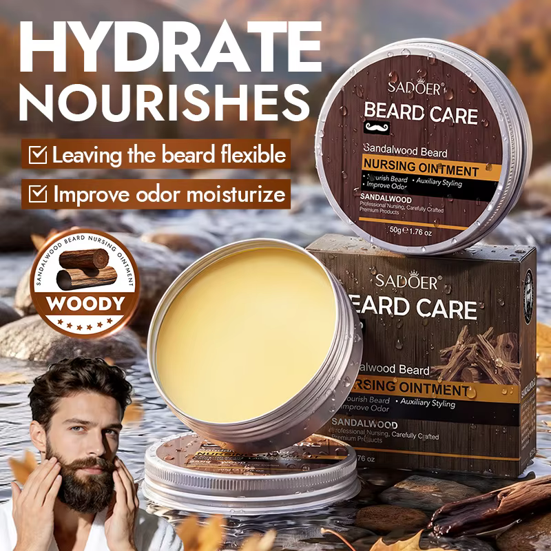 Baume de soin pour barbe au bois de santal pour hommes, domptant les poils rebelles, nettoyant et hy