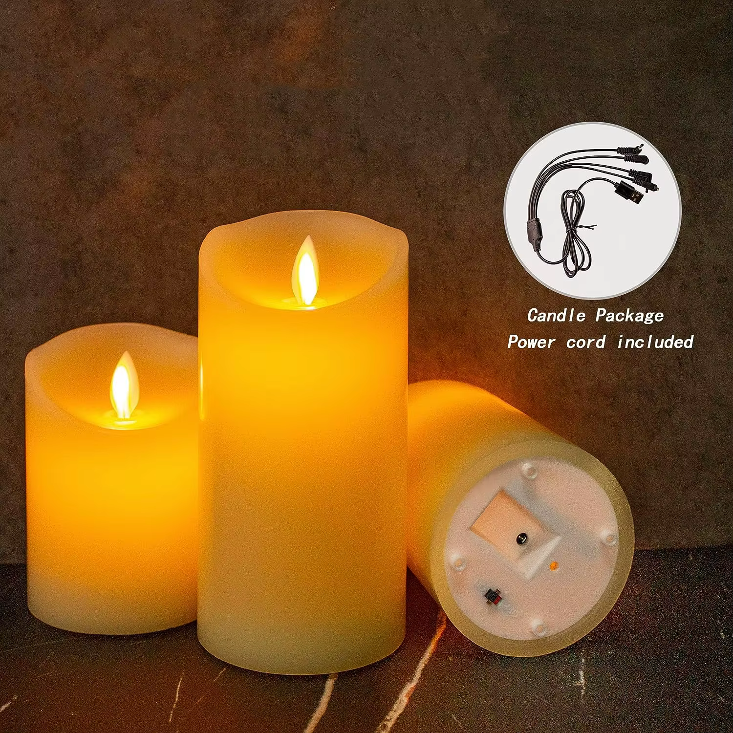 Lot de 3 bougies piliers en cire de paraffine scintillantes rechargeables par USB, télécommandées av