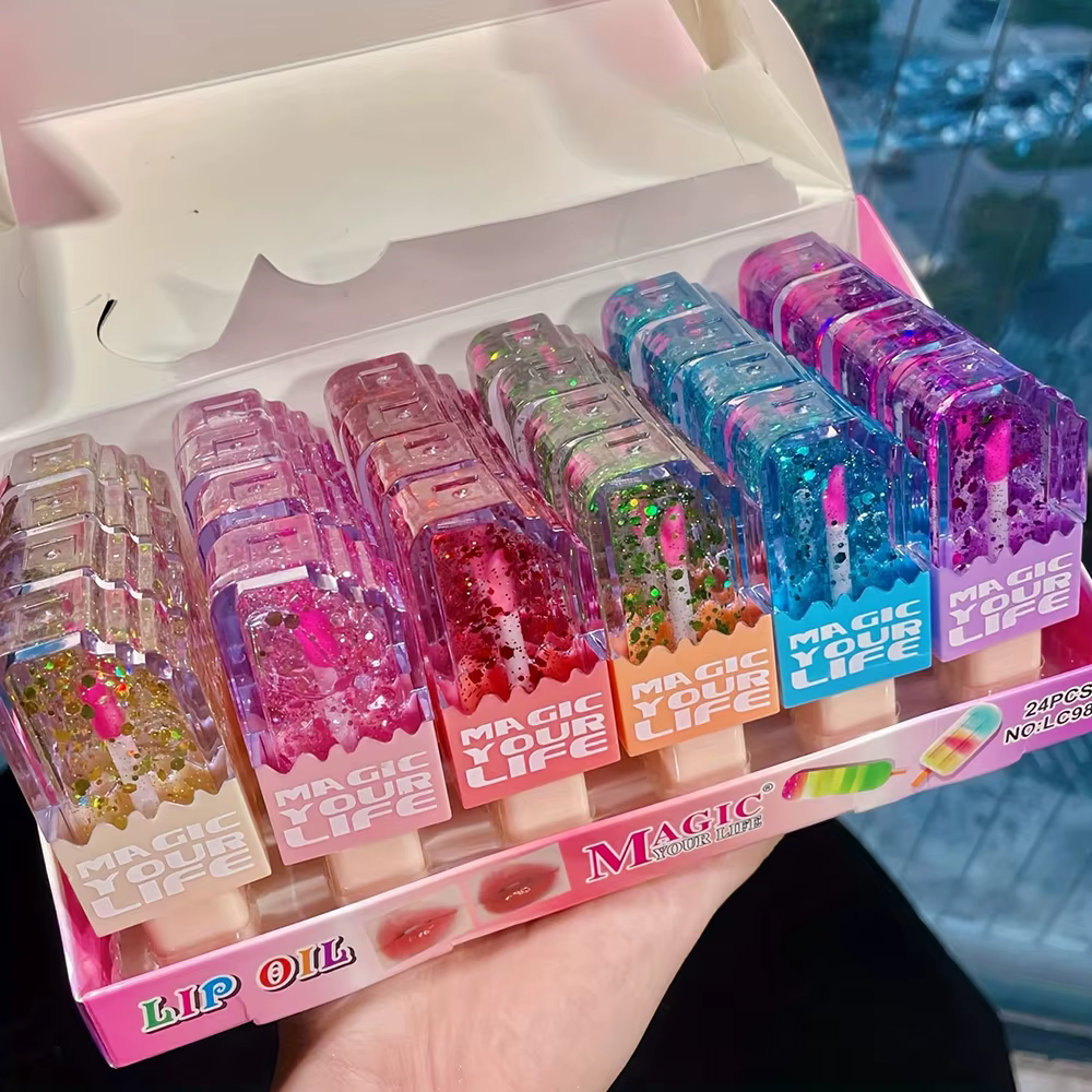 24 pièces mignon chat paillettes huile pour les lèvres forme d'amour coloré brillant à lèvres filles