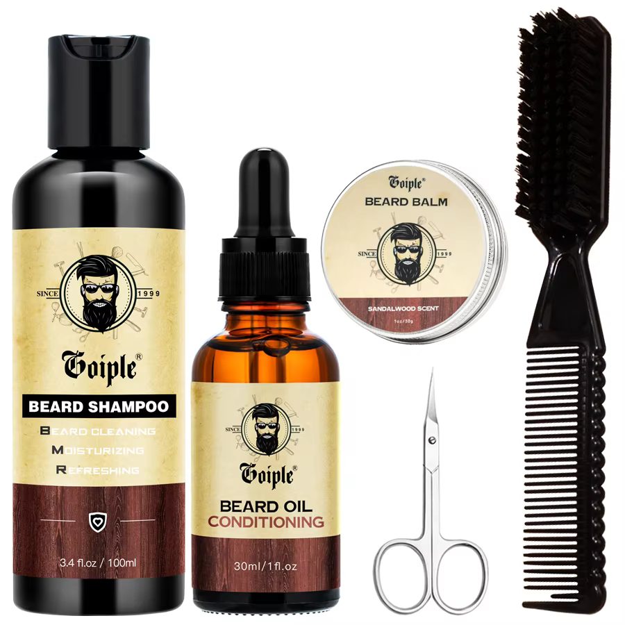GOIPLE – Kit de soins pour la croissance de la barbe, shampoing pour moustache, huile revitalisante,