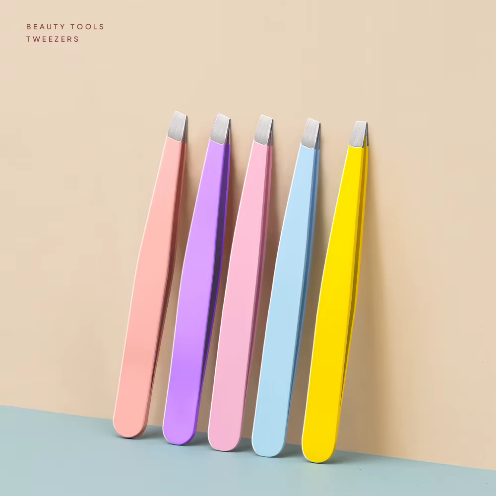 Ensemble de pincettes à sourcils colorées 5 pièces, pointe inclinée de 9,6 cm, outils de toilettage