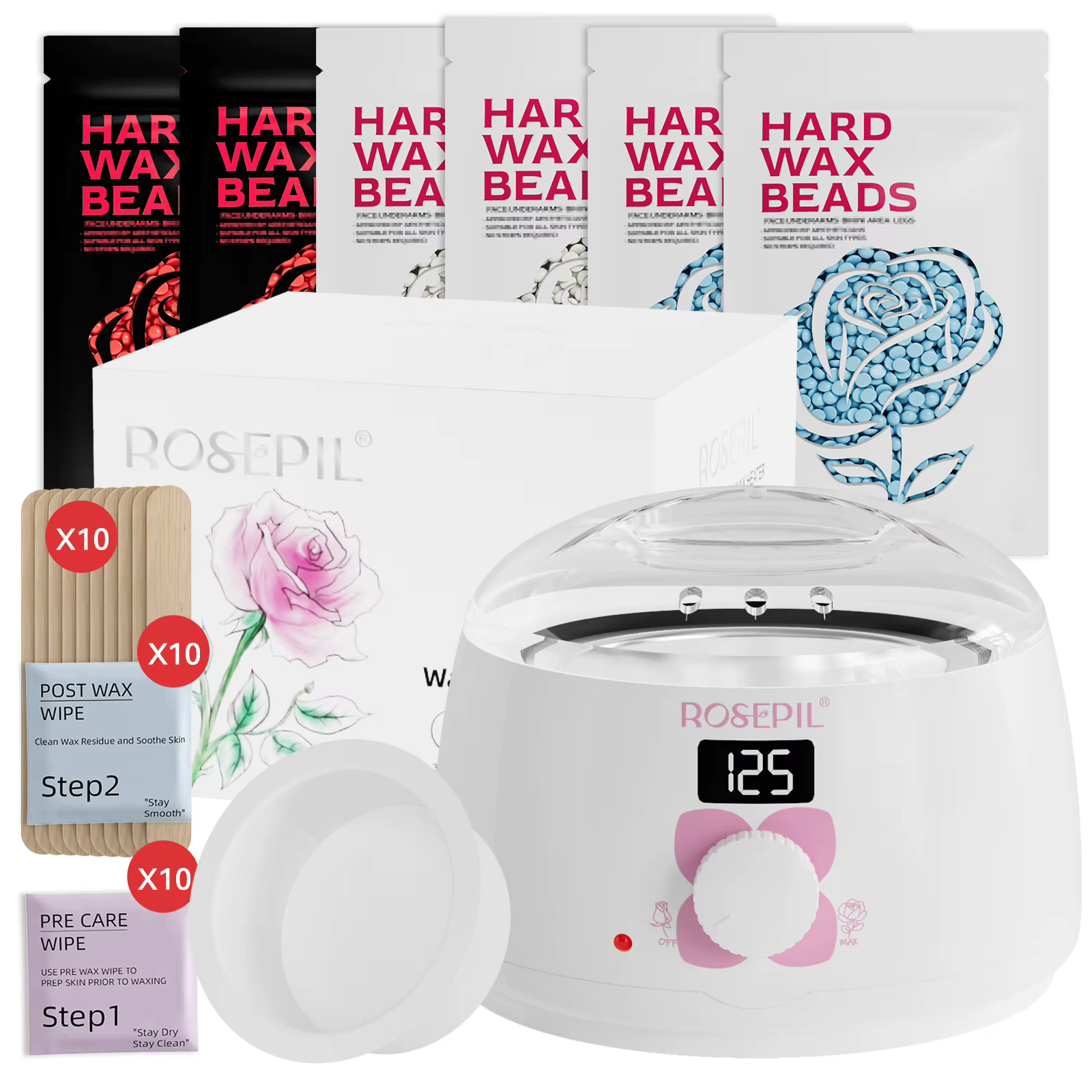 Kit chauffe-cire premium ROSEPIL 38 pièces avec pot en silicone de 450 ml et 6 sachets de cire douce
