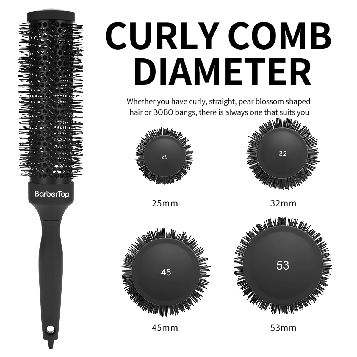 BARBERTOP peigne rond cheveux bouclés bigoudis brosse poils de sanglier baril