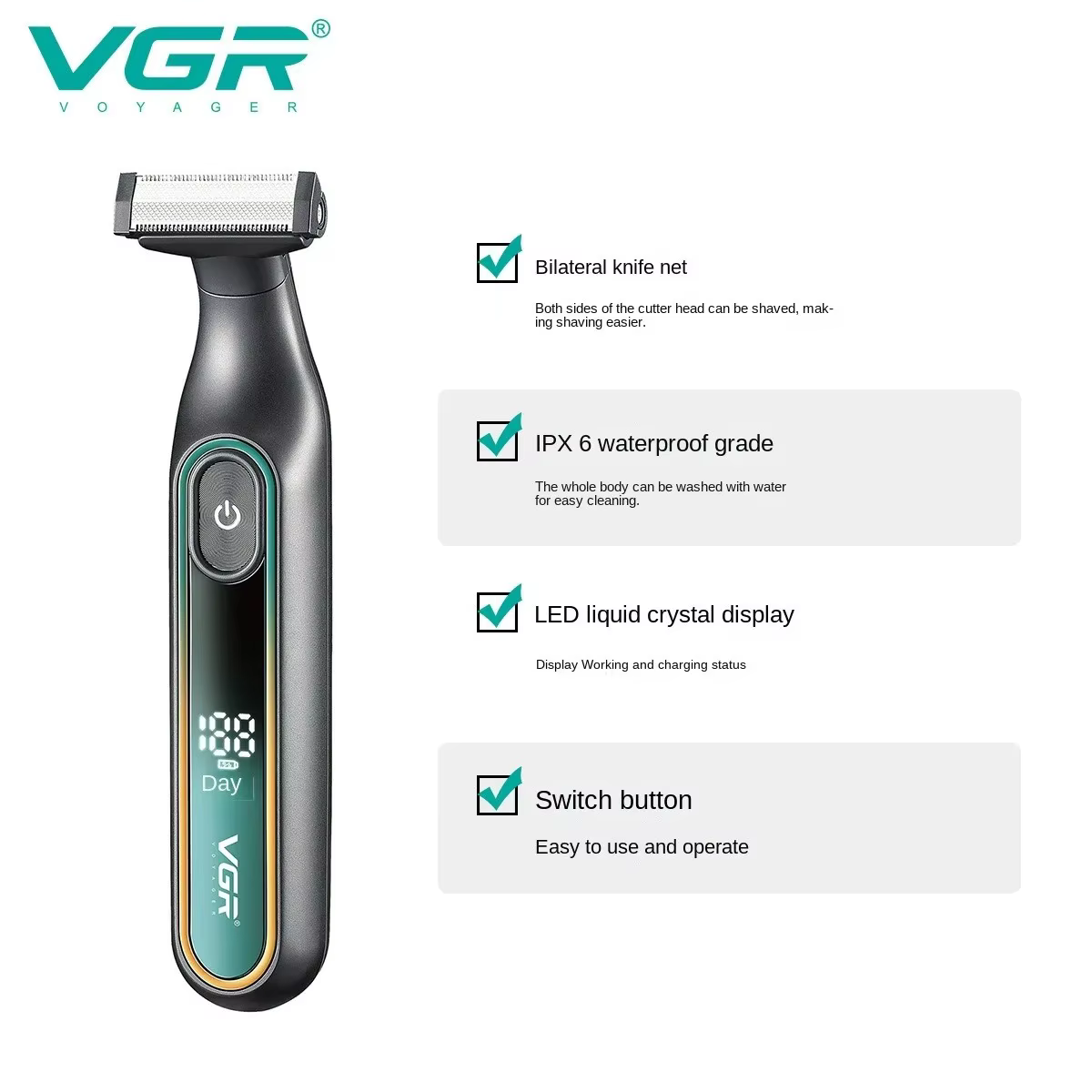 VGR Rasoirs électriques Rasoir homme électrique Rasoir électrique hommes Rasoir électrique Professionnel Machine à raser Étanche Tondeuse à barbe Écran LED Raseur visage Portable Raseur pour hommes V-