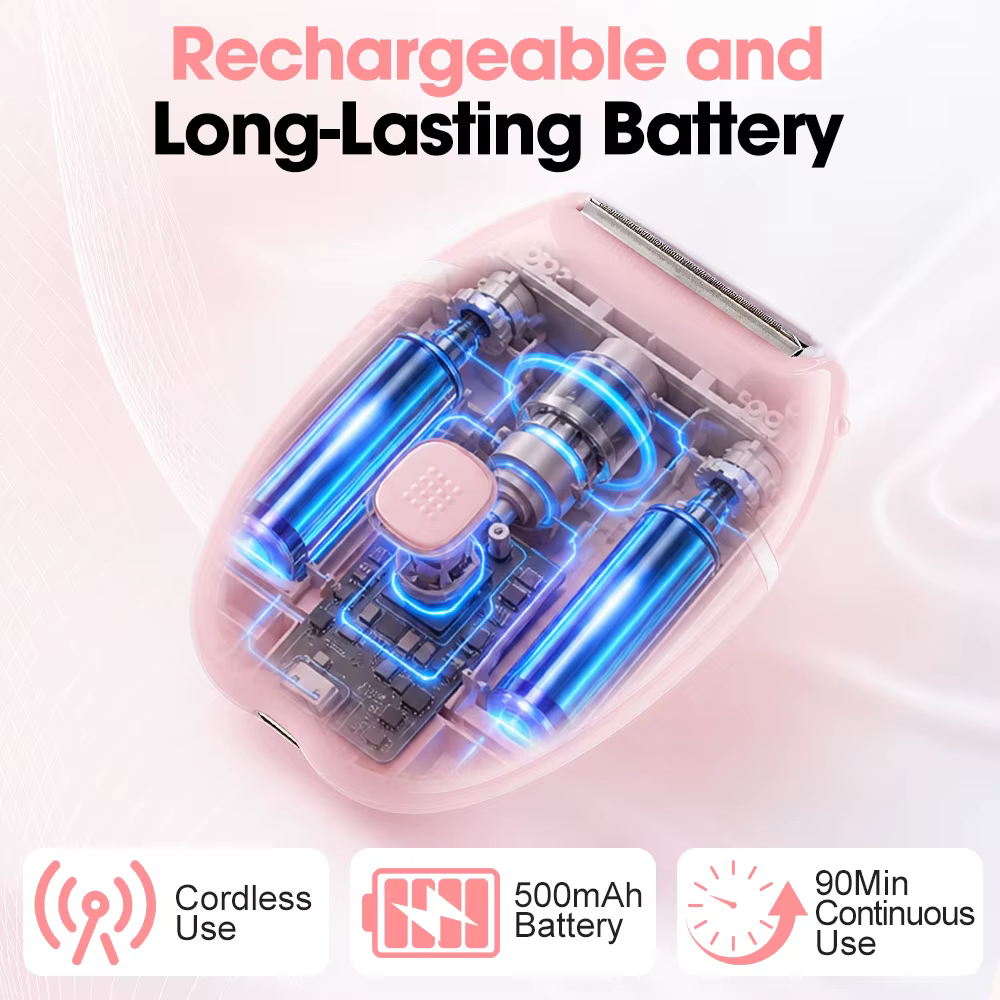 Rasoir Électrique Femme 3 en 1, Tondeuse Maillot et Corps, sans Fil et sans Douleur, Usage Sec et Humide, pour Jambes, Aisselles, Visage et Duvet, Rechargeable USB-C, Rose